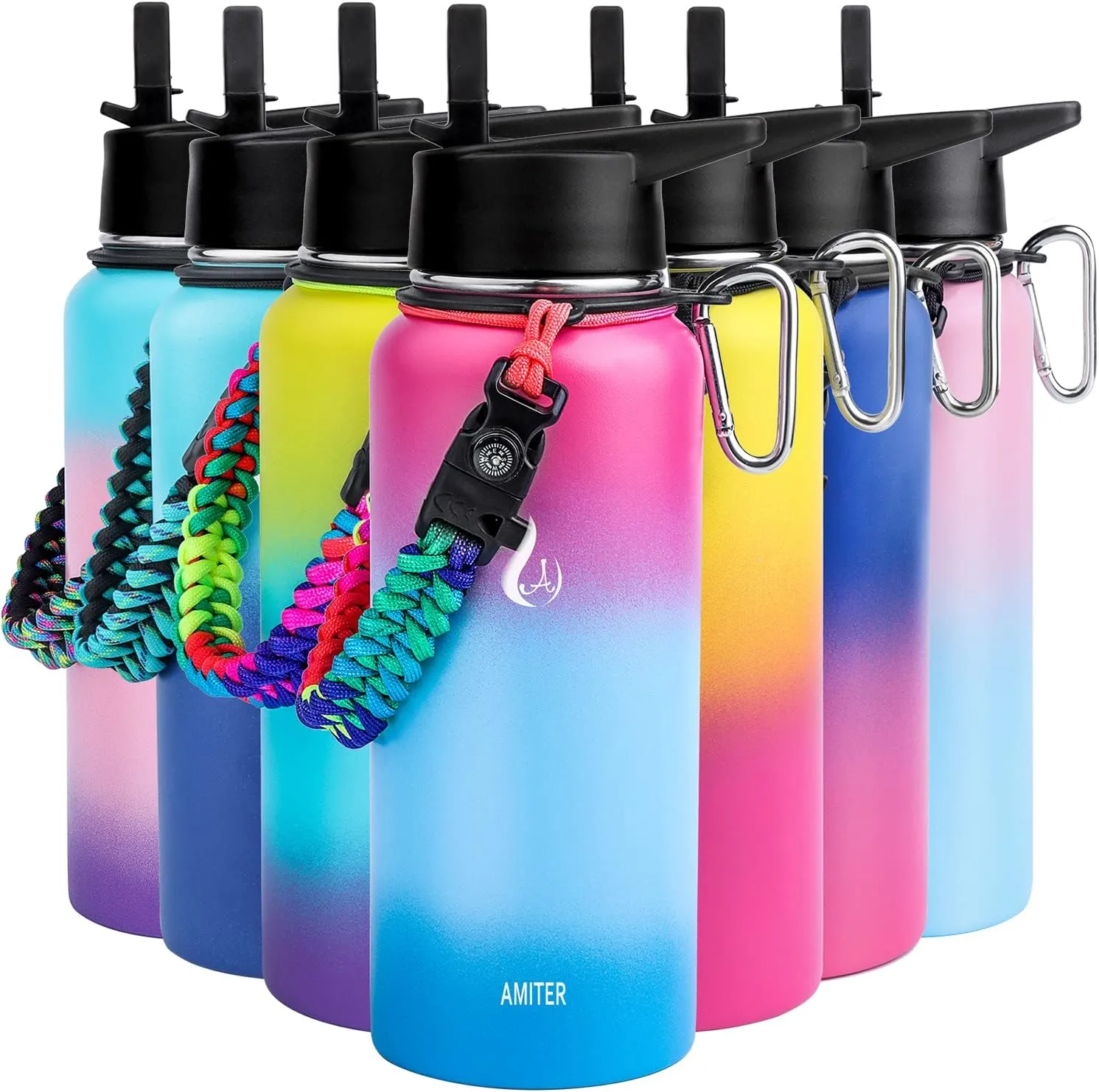 AMITER 32oz Insulated Bottle with Straw & Spout Lid, Wide Mouth Stainless Steel Water Bottles with Paracord Handle