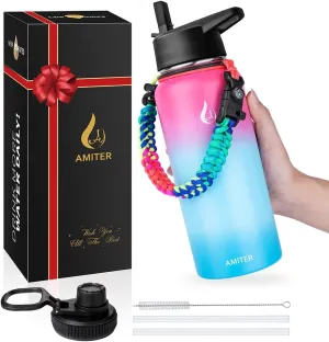 AMITER 32oz Insulated Bottle with Straw & Spout Lid, Wide Mouth Stainless Steel Water Bottles with Paracord Handle