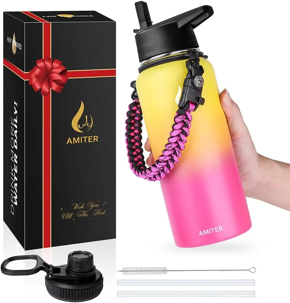 AMITER 32oz Insulated Bottle with Straw & Spout Lid, Wide Mouth Stainless Steel Water Bottles with Paracord Handle