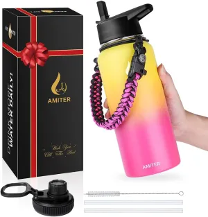 AMITER 32oz Insulated Bottle with Straw & Spout Lid, Wide Mouth Stainless Steel Water Bottles with Paracord Handle