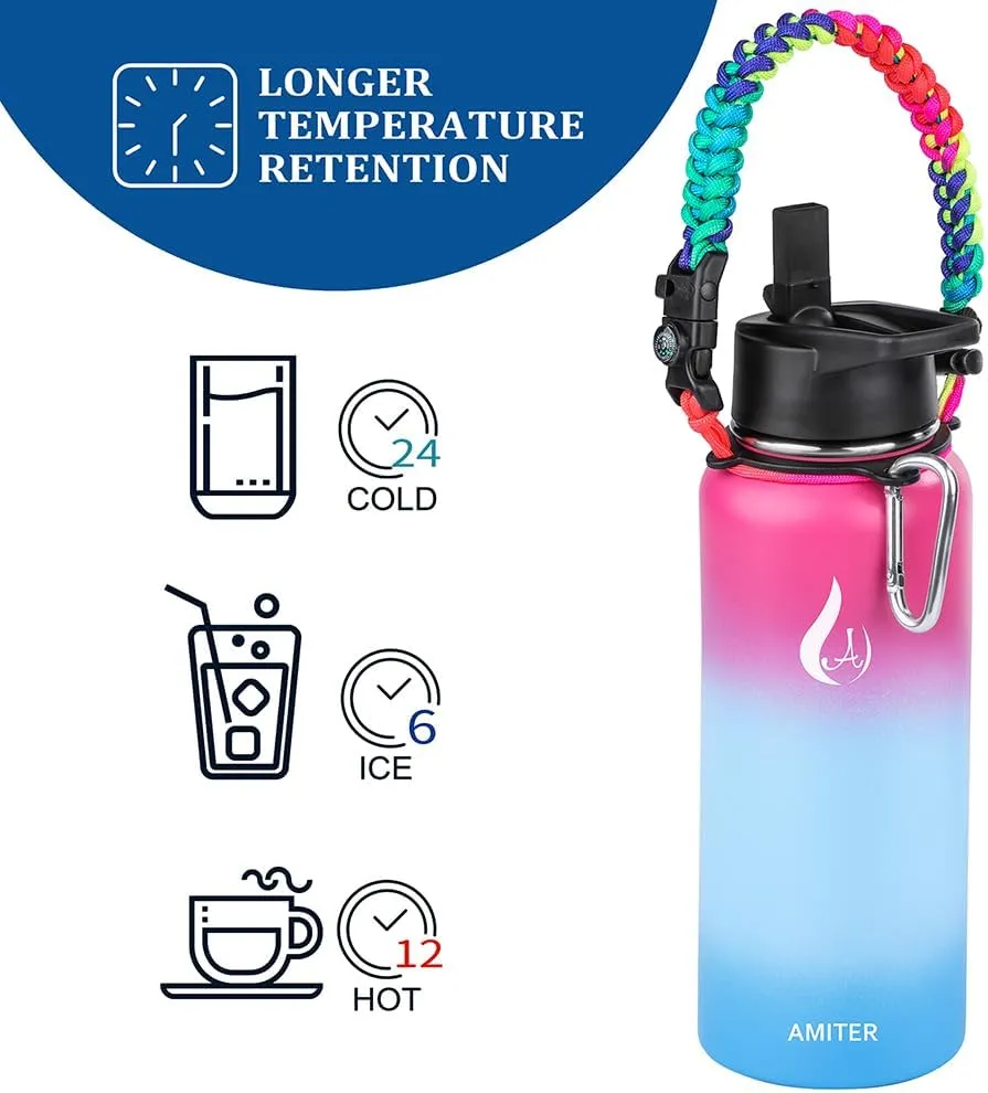 AMITER 32oz Insulated Bottle with Straw & Spout Lid, Wide Mouth Stainless Steel Water Bottles with Paracord Handle