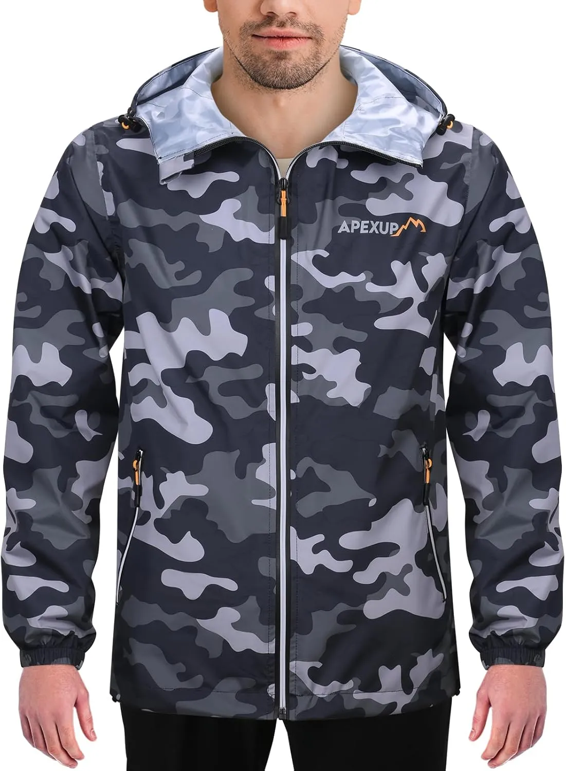 APEXUP Packable Rain Jacket Men with Reflective Zipper, Lightweight Waterproof Raincoat, Mens Rain Jacket for Outdoor Sports