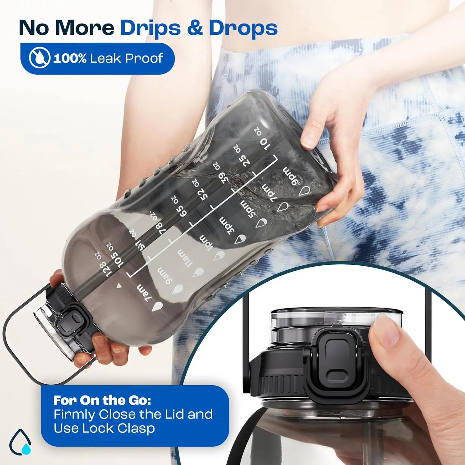 AQUAFIT 128 oz Water Bottle with Time Marker - 2in1 Straw & Chug Lid - BPA Free Big Jug with Straw - Gym Water Bottle with Strap (128 Ounces, Aqua)