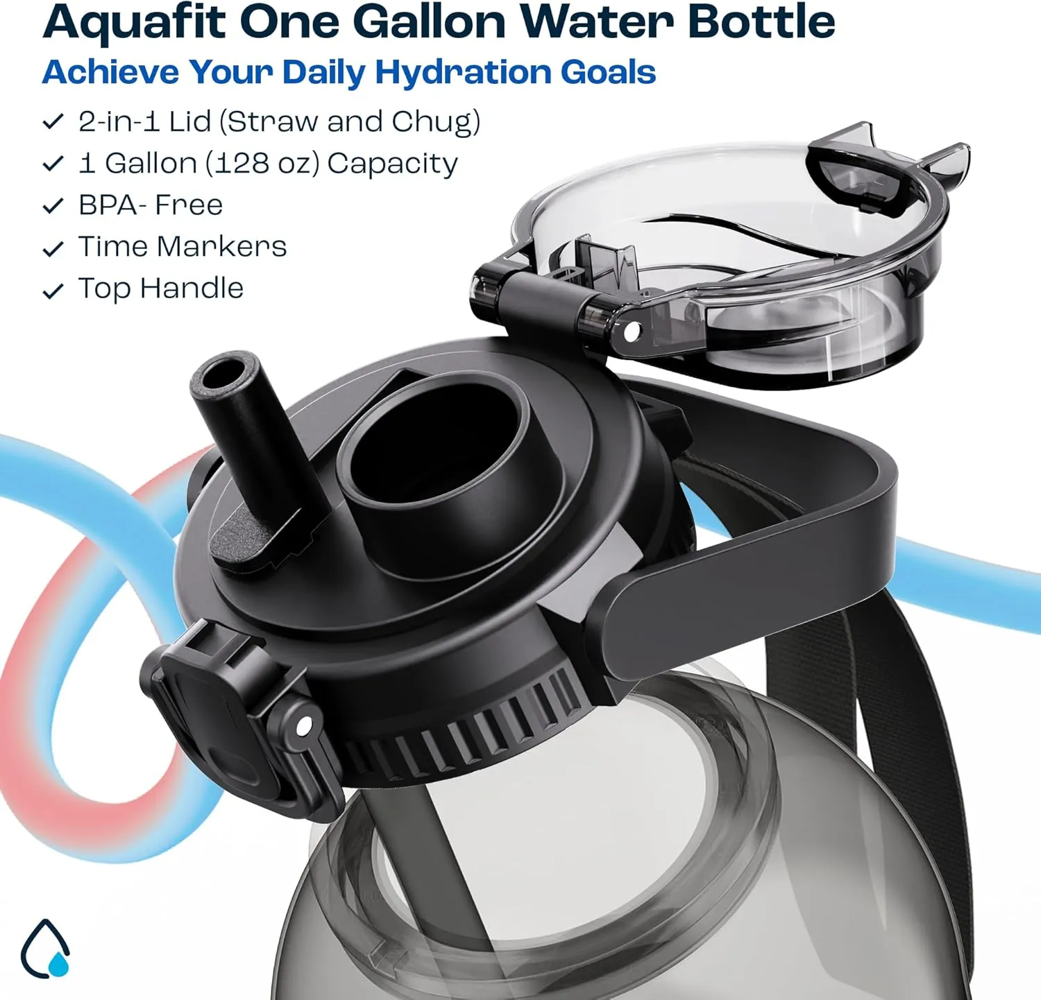 AQUAFIT 128 oz Water Bottle with Time Marker - 2in1 Straw & Chug Lid - BPA Free Big Jug with Straw - Gym Water Bottle with Strap (128 Ounces, Aqua)