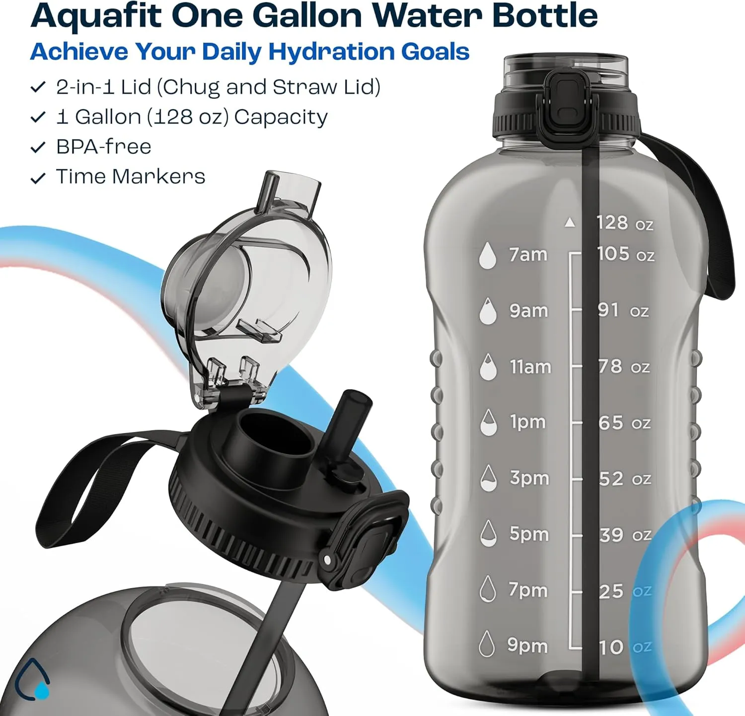 AQUAFIT 128 oz Water Bottle with Time Marker - 2in1 Straw & Chug Lid - BPA Free Big Jug with Straw - Gym Water Bottle with Strap (128 Ounces, Nebula)