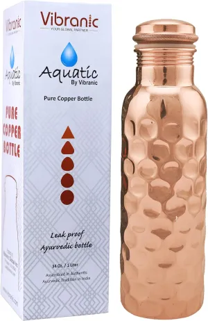 Aquatic DIAMOND HAMMERED Ayurvedic Copper Water Bottle 34oz - Pure Copper Bottle for Sports, Fitness, Yoga - Natural Health Benefits - Made in India