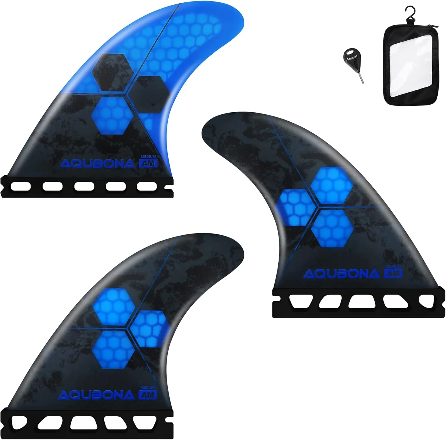 AQUBONA Honeycomb Fiberglass Performance Surfboard Fins Thruster (3 Fins) Single Tab with Fin Bag, Key and Screws.