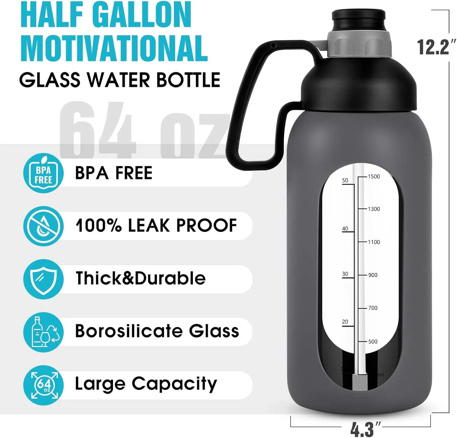 Aqulea Glass Water Bottles - 64 Oz Big Bottle with Straw, Pregnancy Tracker, Leakproof Gym Bottle with Sleeve, Water Jug with Time Marker