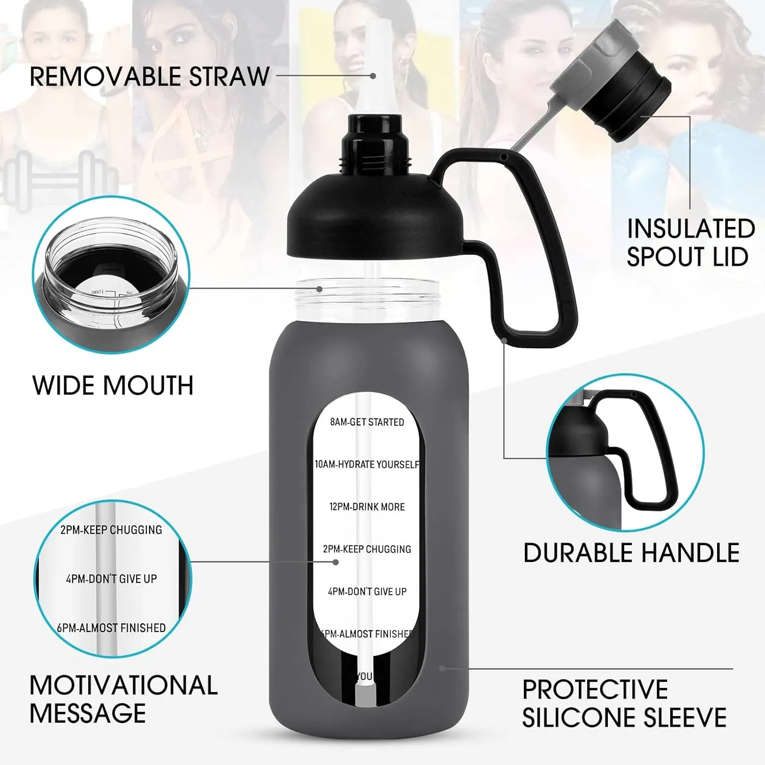 Aqulea Glass Water Bottles - 64 Oz Big Bottle with Straw, Pregnancy Tracker, Leakproof Gym Bottle with Sleeve, Water Jug with Time Marker