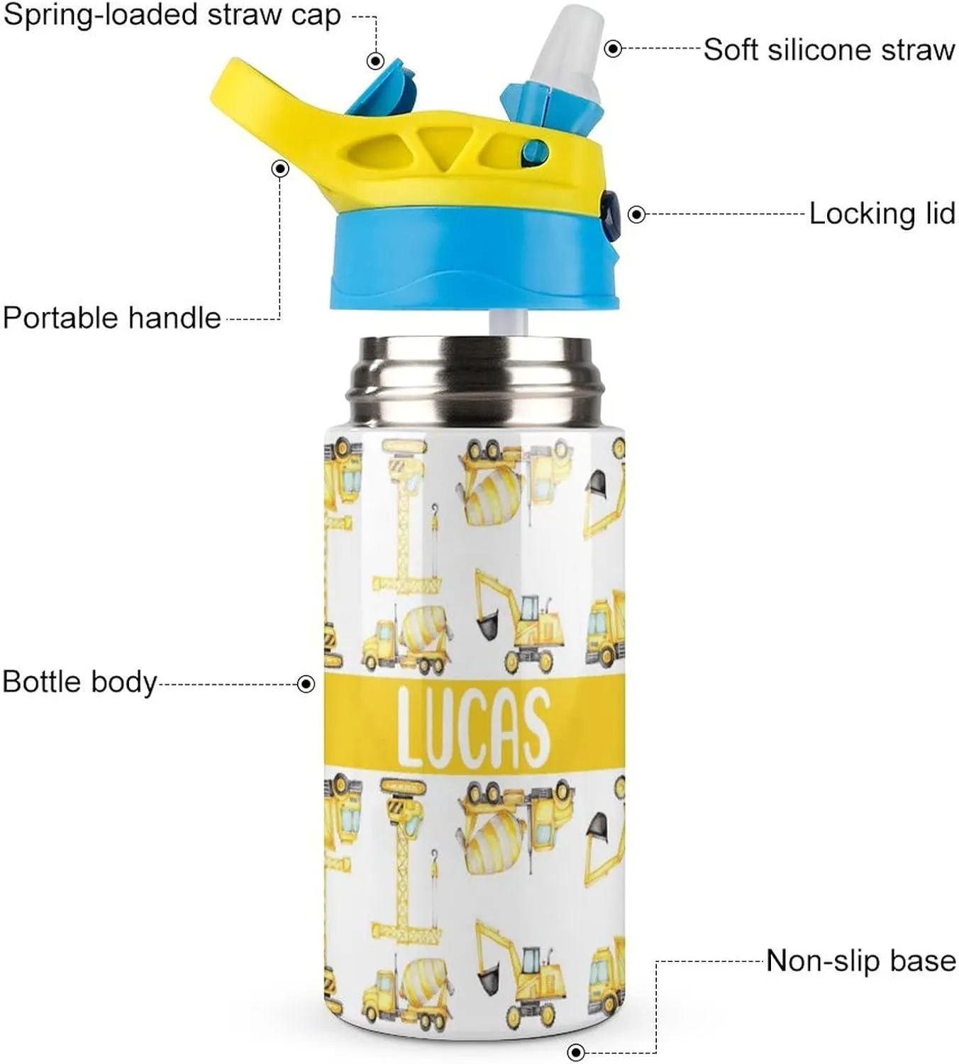Artsadd Kids Water Bottle with Name-Custom Engineering Vehicle Water Bottle with Straw-Personalized Gift for Kids Boys-Customized Name Insulated Stainless Steel Tumbler for School Gifts-16.9oz