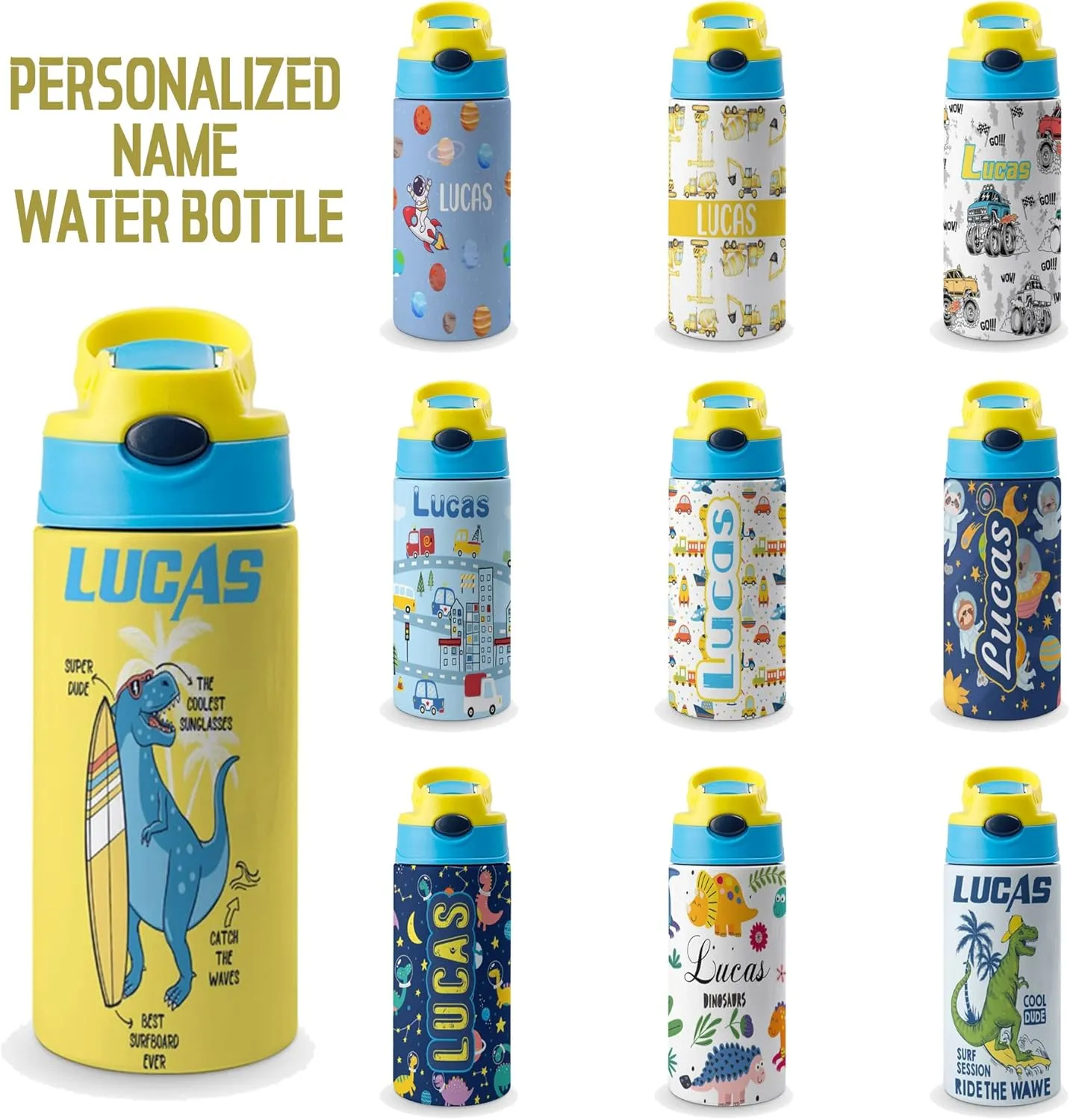 Artsadd Kids Water Bottle with Name-Custom Engineering Vehicle Water Bottle with Straw-Personalized Gift for Kids Boys-Customized Name Insulated Stainless Steel Tumbler for School Gifts-16.9oz