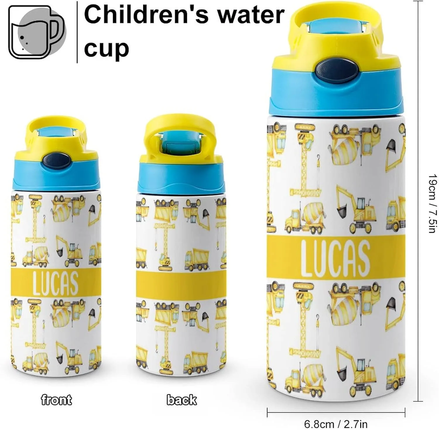 Artsadd Kids Water Bottle with Name-Custom Engineering Vehicle Water Bottle with Straw-Personalized Gift for Kids Boys-Customized Name Insulated Stainless Steel Tumbler for School Gifts-16.9oz
