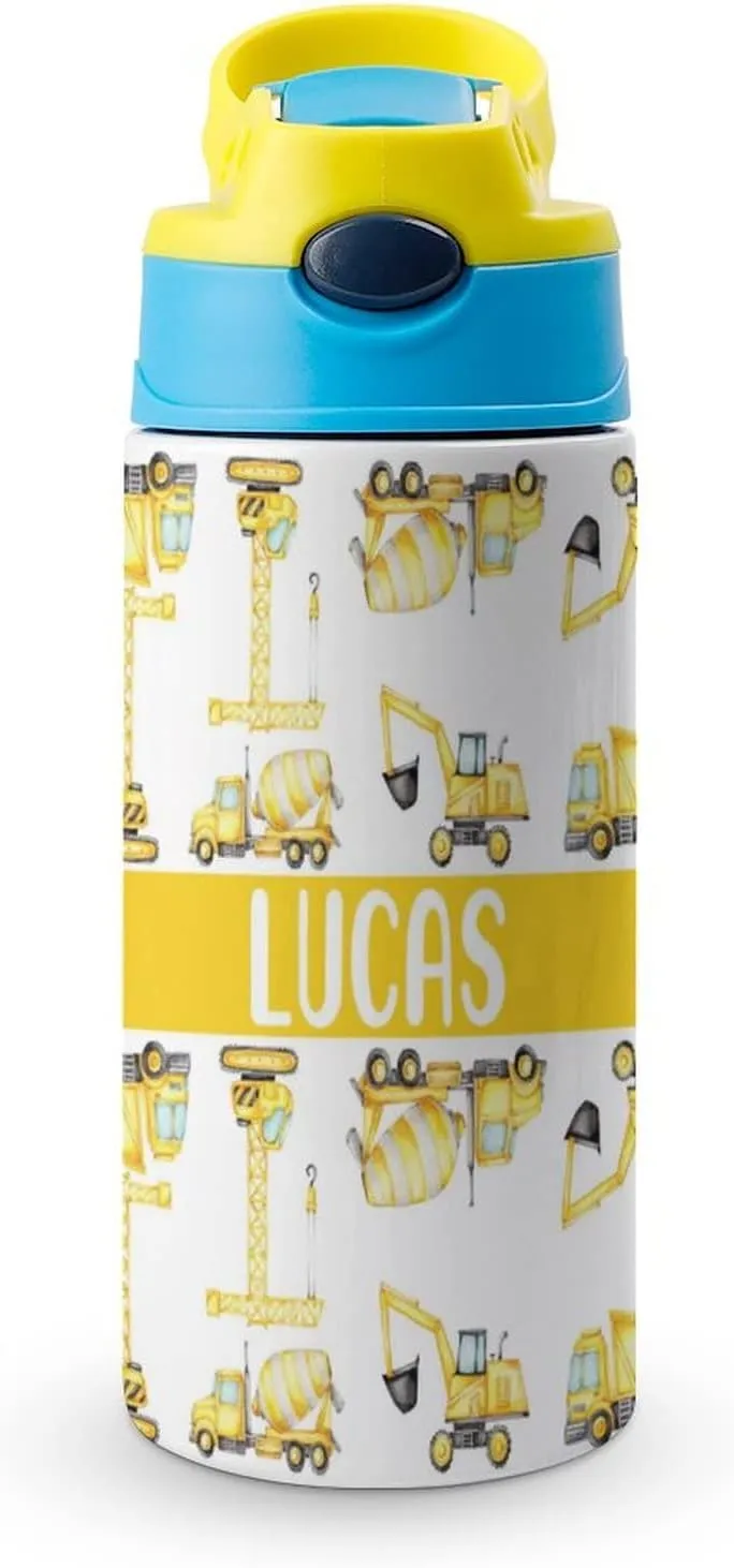 Artsadd Kids Water Bottle with Name-Custom Engineering Vehicle Water Bottle with Straw-Personalized Gift for Kids Boys-Customized Name Insulated Stainless Steel Tumbler for School Gifts-16.9oz