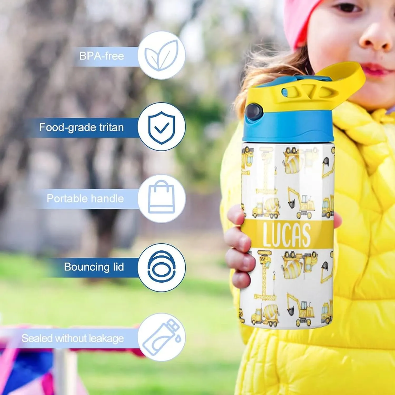 Artsadd Kids Water Bottle with Name-Custom Engineering Vehicle Water Bottle with Straw-Personalized Gift for Kids Boys-Customized Name Insulated Stainless Steel Tumbler for School Gifts-16.9oz