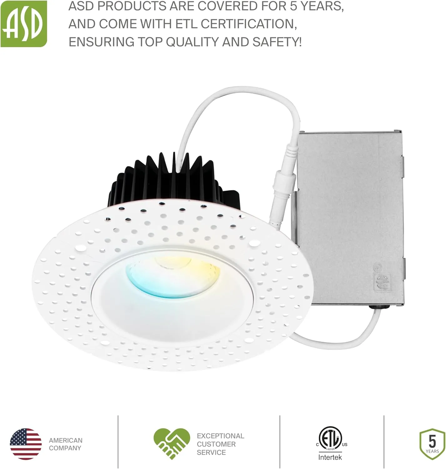 ASD Trimless LED Recessed Lighting 4 Inch, 15W 120V Round Commercial Downlight, Canless Dimmable Lights for Ceiling with J-Box, 5 CCT 2700K-5000K, CRI 90 , IC Rated, ETL, White, 8 Pack