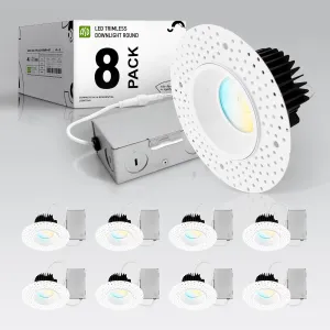 ASD Trimless LED Recessed Lighting 4 Inch, 15W 120V Round Commercial Downlight, Canless Dimmable Lights for Ceiling with J-Box, 5 CCT 2700K-5000K, CRI 90 , IC Rated, ETL, White, 8 Pack