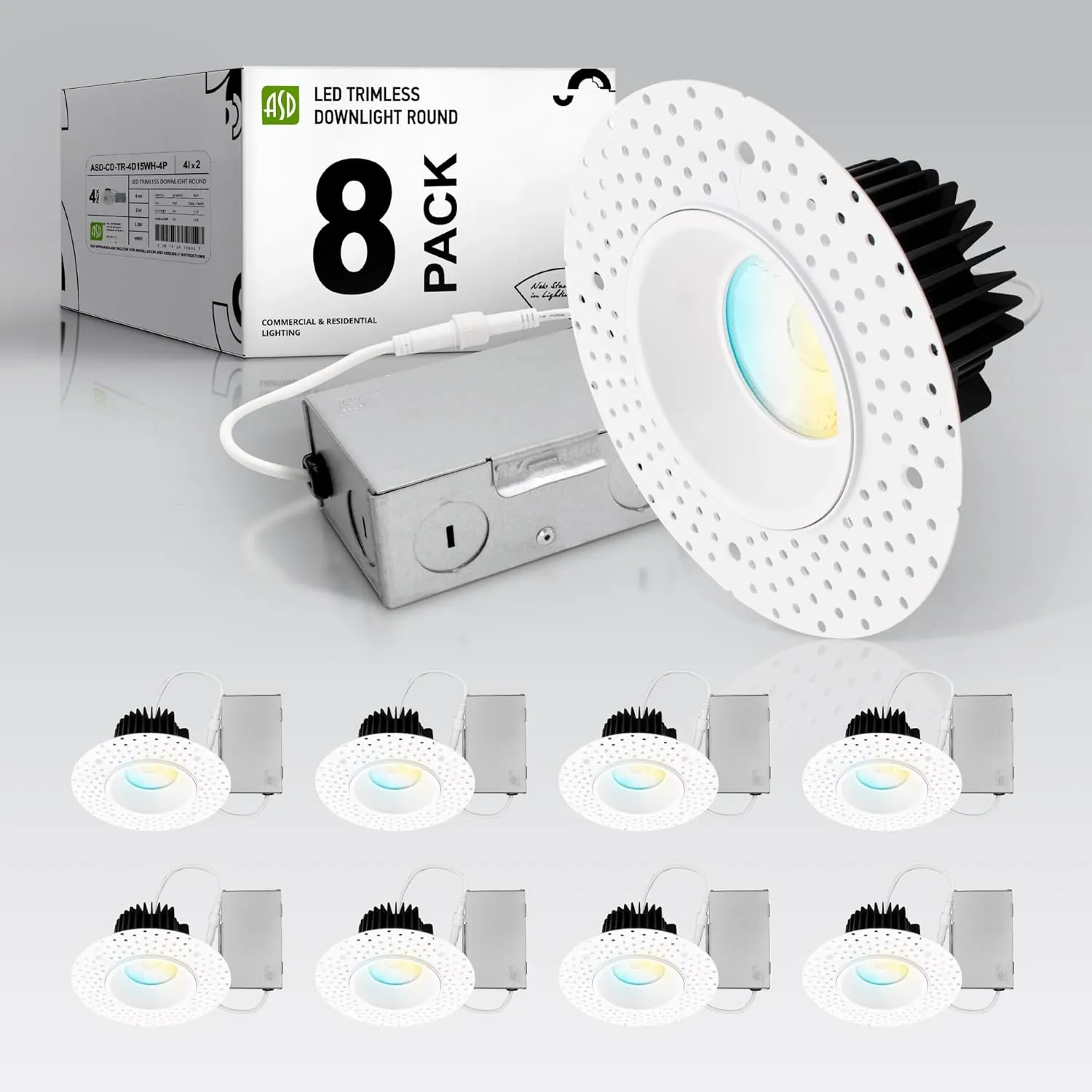 ASD Trimless LED Recessed Lighting 4 Inch, 15W 120V Round Commercial Downlight, Canless Dimmable Lights for Ceiling with J-Box, 5 CCT 2700K-5000K, CRI 90 , IC Rated, ETL, White, 8 Pack