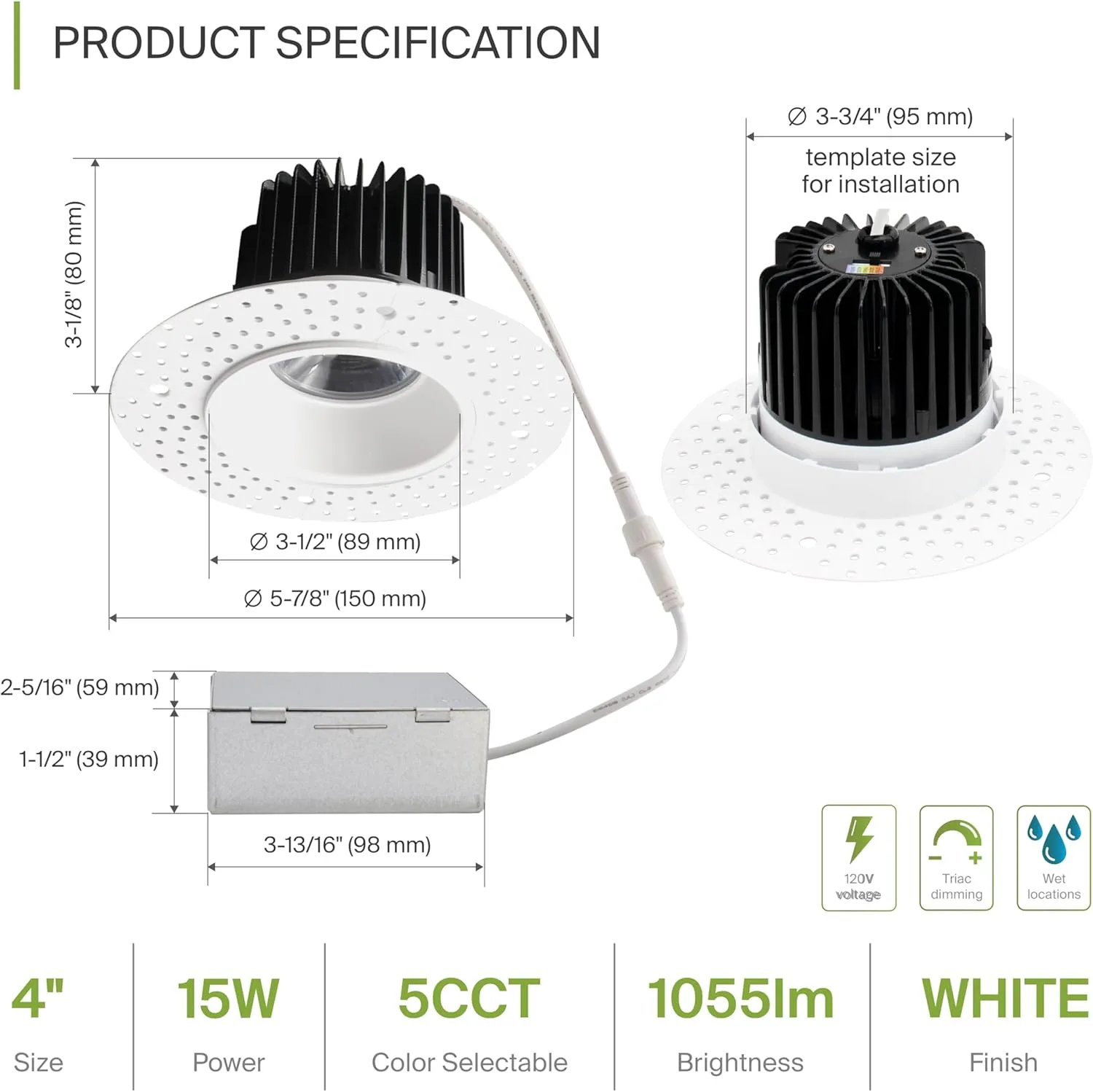 ASD Trimless LED Recessed Lighting 4 Inch, 15W 120V Round Commercial Downlight, Canless Dimmable Lights for Ceiling with J-Box, 5 CCT 2700K-5000K, CRI 90 , IC Rated, ETL, White, 8 Pack