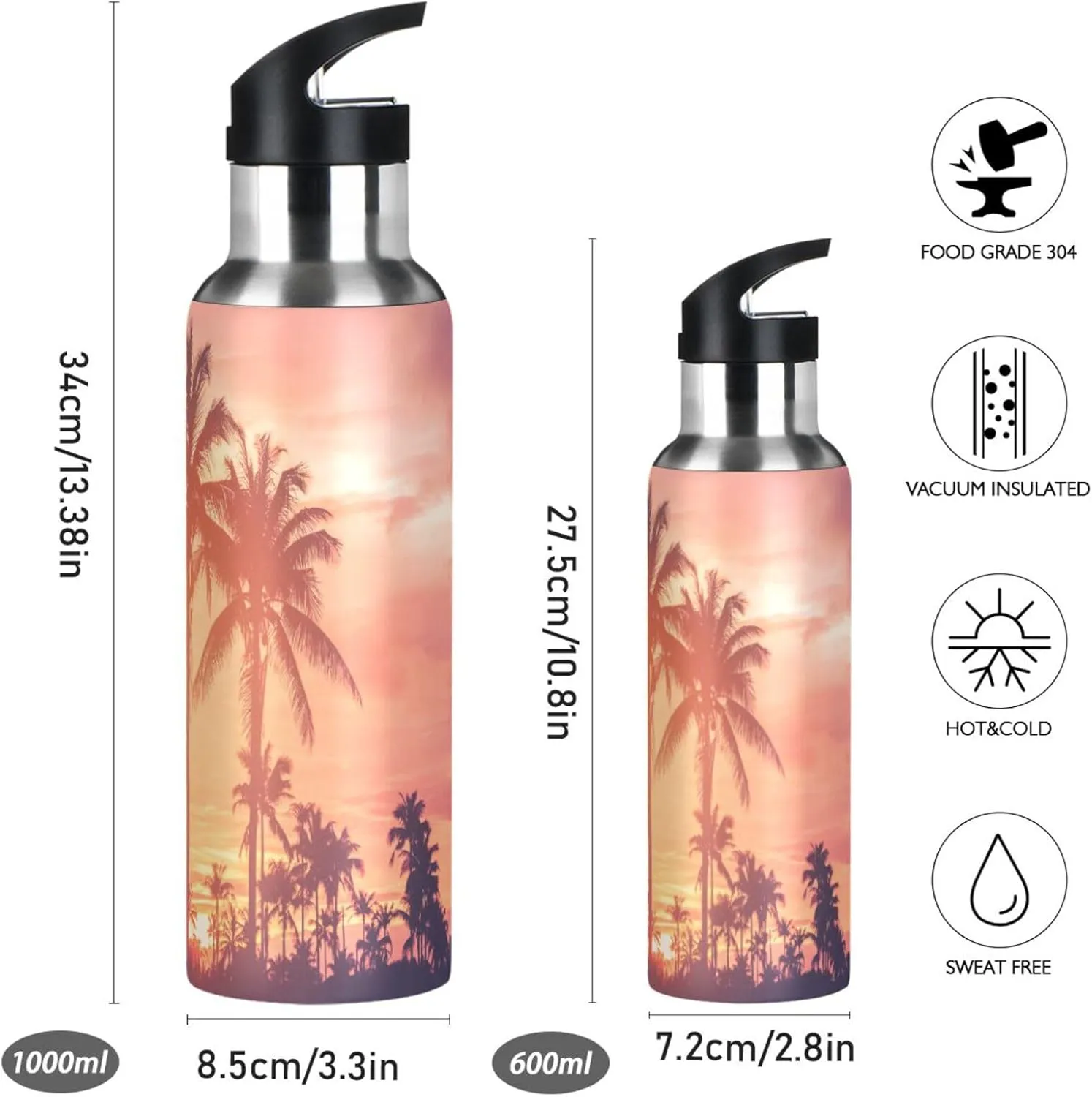 Aslsiy 20oz Water Bottle with Straw Tropical Palm Trees Sunset Insulated Sports Bottle Jungle Plants Stainless Steel Gym Bottle Water Flask Metal Thermos for Cycling Travel Hiking