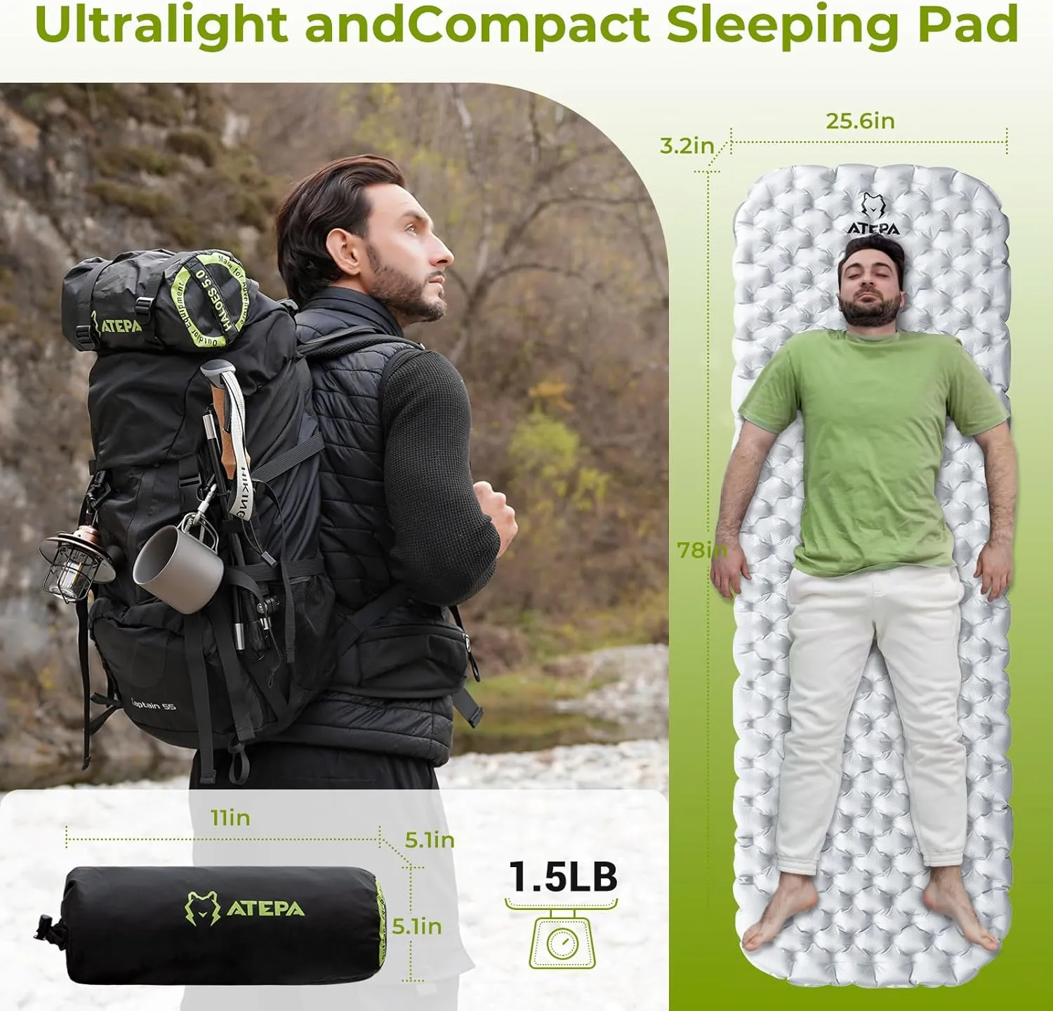 ATEPA Backpacking Sleeping Pad, 3.3 R-Value Inflatable Ultralight Sleeping Pad Folding Camping Mattress with Aluminum Layer & Storage Bag for Camping Hiking Backpacking, Long Regular Size (78"x25.6")