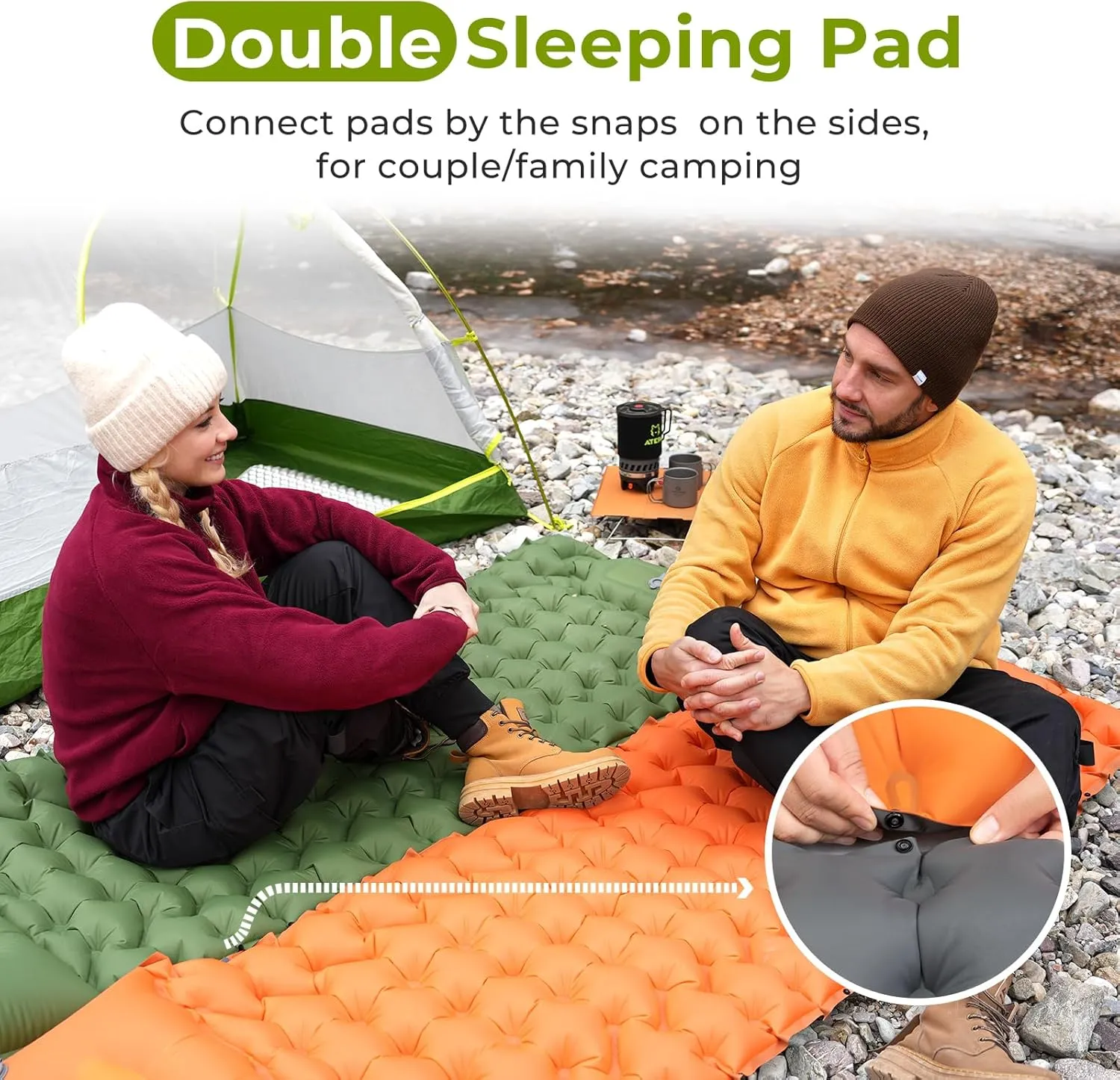 ATEPA Inflatable Sleeping Pad, Waterproof Button-Attachable Backpacking Camping Mattress with Pillow & Built-in Foot Pump for Backpacking Camping Hiking Tent Travelling, Navy