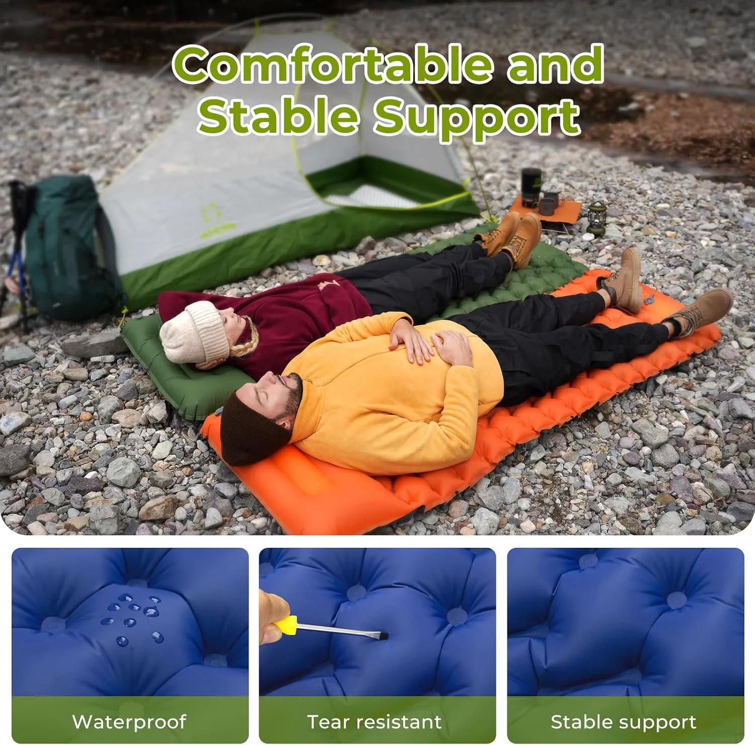 ATEPA Inflatable Sleeping Pad, Waterproof Button-Attachable Backpacking Camping Mattress with Pillow & Built-in Foot Pump for Backpacking Camping Hiking Tent Travelling, Navy