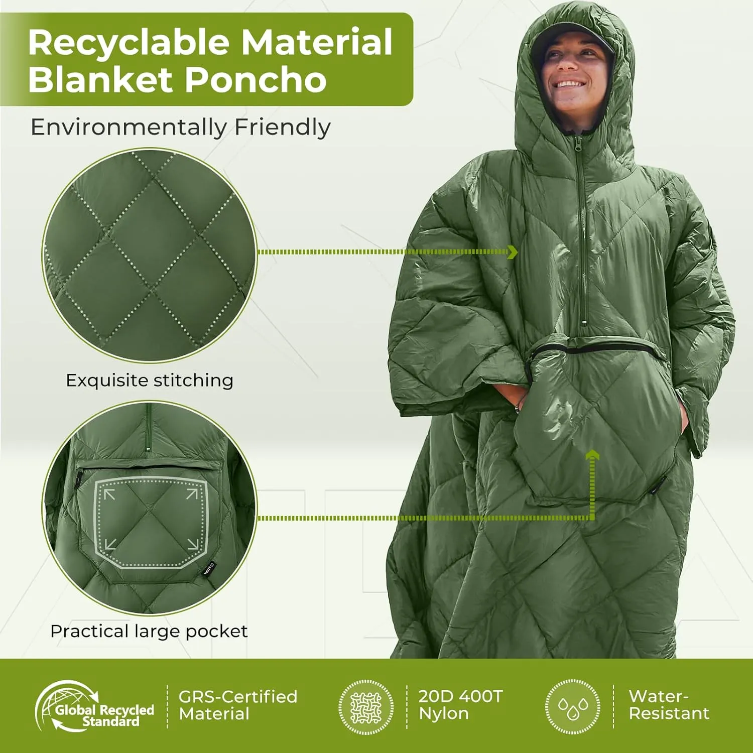 ATEPA Wearable Sleeping Bag, Recycled Stadium Blanket Packable Ultralight Warm Windproof Poncho Camping Outdoor Sports