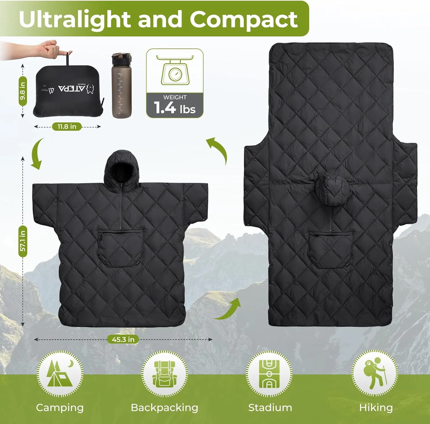 ATEPA Wearable Sleeping Bag, Recycled Stadium Blanket Packable Ultralight Warm Windproof Poncho Camping Outdoor Sports