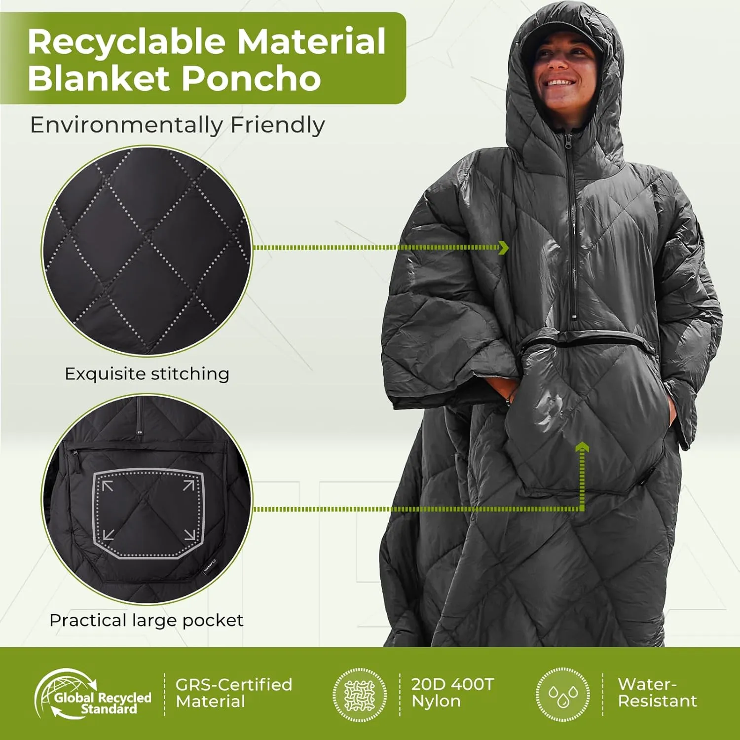 ATEPA Wearable Sleeping Bag, Recycled Stadium Blanket Packable Ultralight Warm Windproof Poncho Camping Outdoor Sports