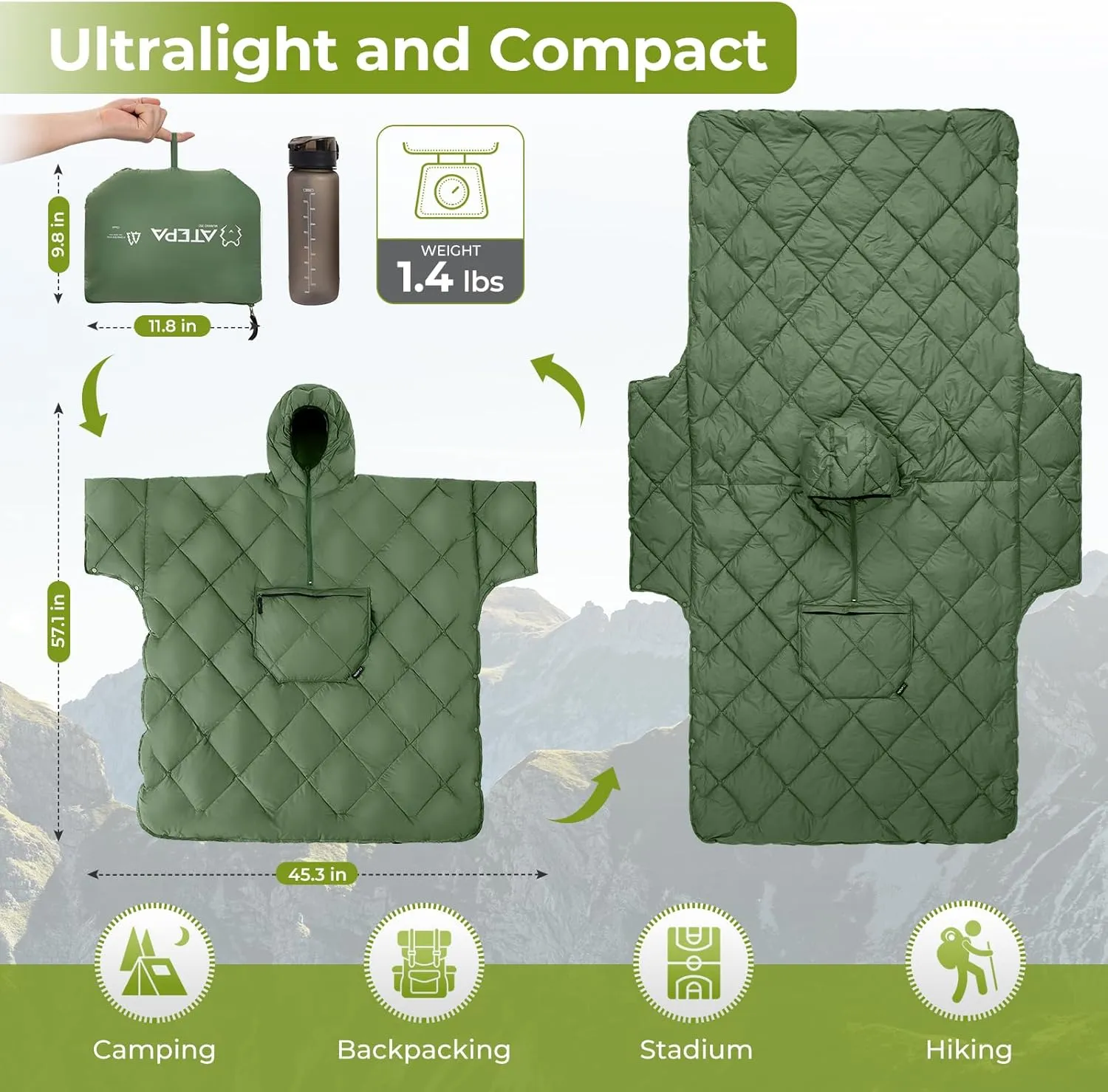 ATEPA Wearable Sleeping Bag, Recycled Stadium Blanket Packable Ultralight Warm Windproof Poncho Camping Outdoor Sports