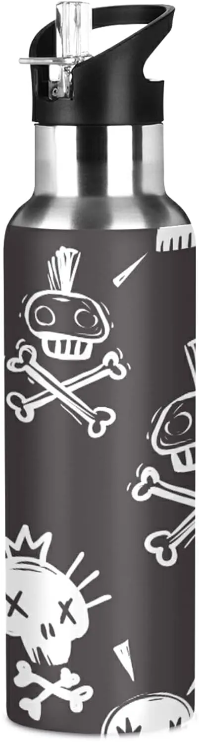 ATTX Funny Rock Punk Skulls Water Bottle with Straw, 22OZ Sports Water Bottle BPA Free Stainless Steel Water Jugs for Gym,Working, Outdoor