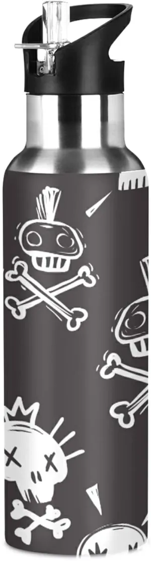 ATTX Funny Rock Punk Skulls Water Bottle with Straw, 22OZ Sports Water Bottle BPA Free Stainless Steel Water Jugs for Gym,Working, Outdoor