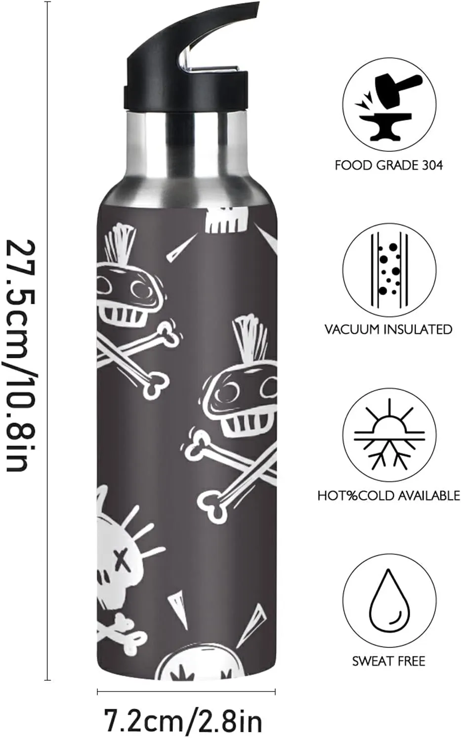 ATTX Funny Rock Punk Skulls Water Bottle with Straw, 22OZ Sports Water Bottle BPA Free Stainless Steel Water Jugs for Gym,Working, Outdoor