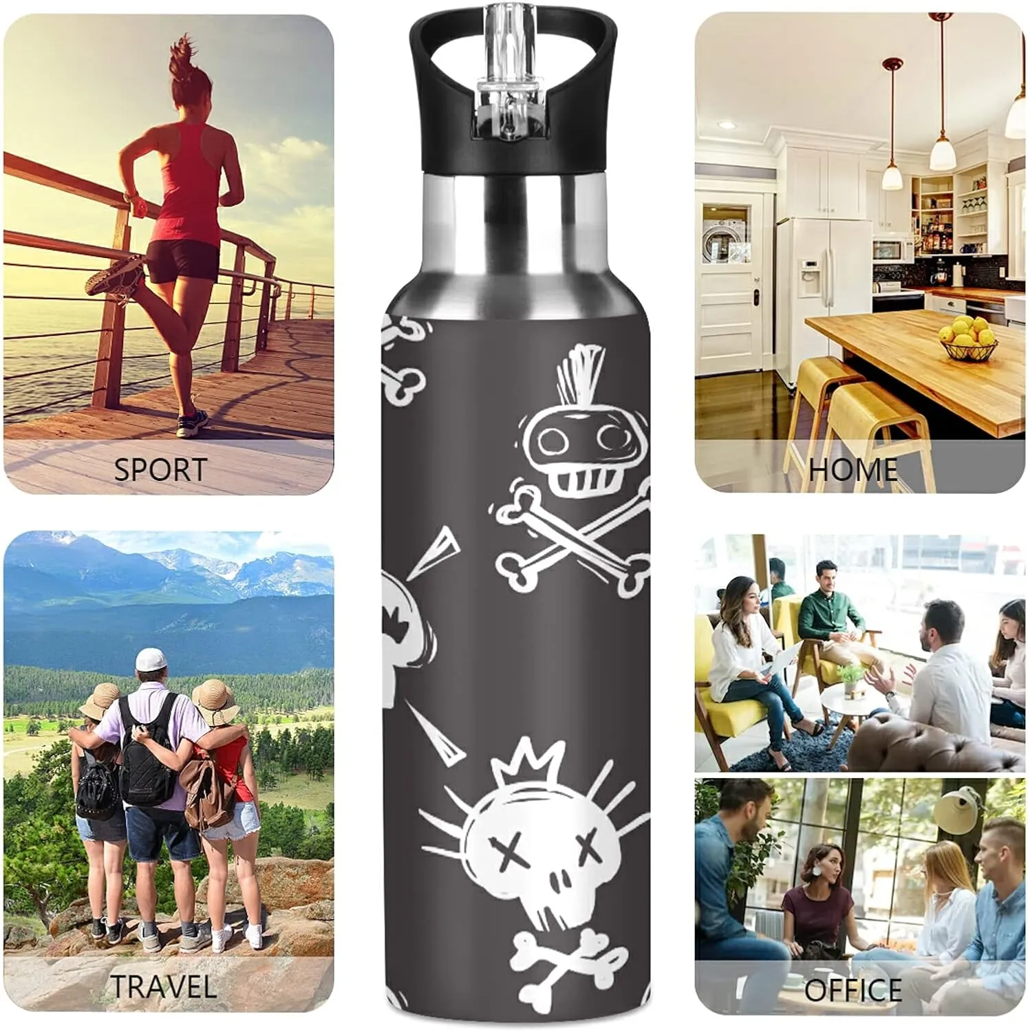 ATTX Funny Rock Punk Skulls Water Bottle with Straw, 22OZ Sports Water Bottle BPA Free Stainless Steel Water Jugs for Gym,Working, Outdoor
