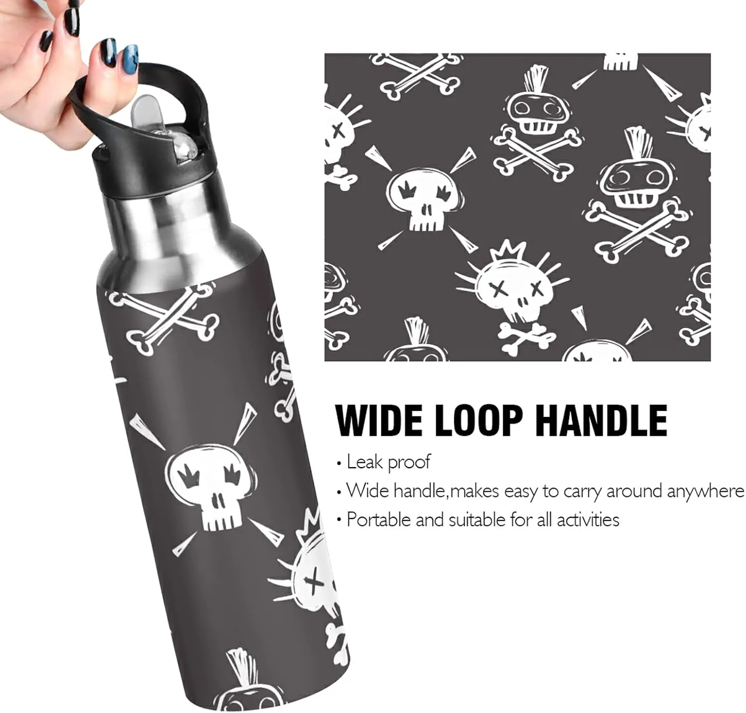 ATTX Funny Rock Punk Skulls Water Bottle with Straw, 22OZ Sports Water Bottle BPA Free Stainless Steel Water Jugs for Gym,Working, Outdoor