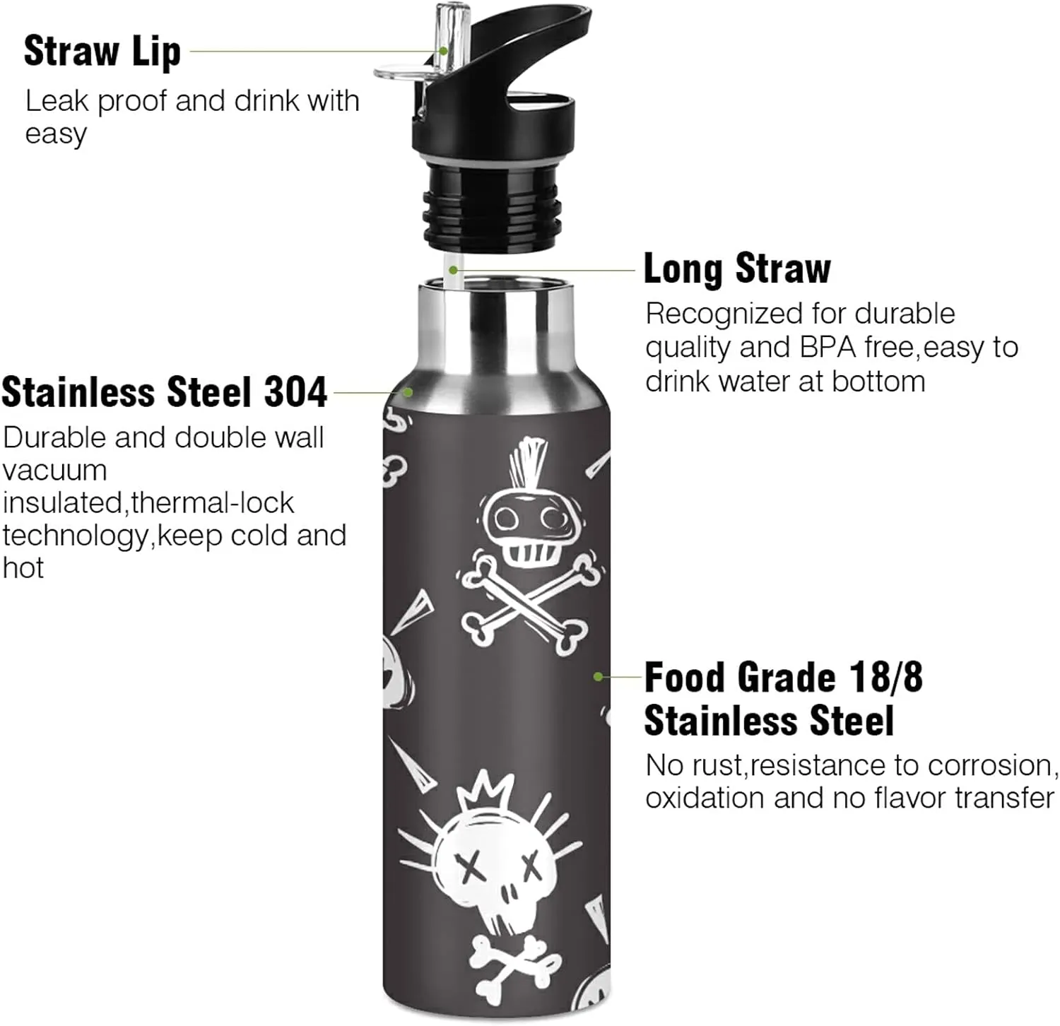 ATTX Funny Rock Punk Skulls Water Bottle with Straw, 22OZ Sports Water Bottle BPA Free Stainless Steel Water Jugs for Gym,Working, Outdoor