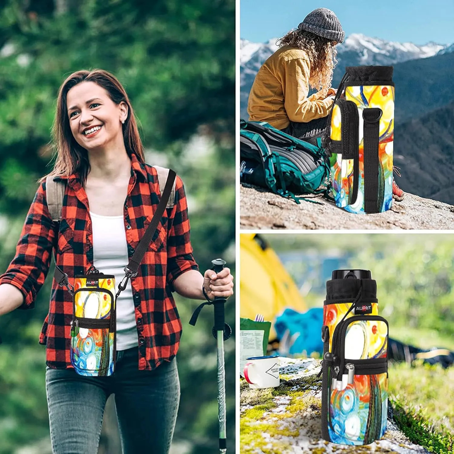 AUPET Water Bottle Sling Bag Sleeve Holder Carrier 25/32/40/64 oz,Insulated Crossbody Water Bottle Case Cover with Strap and Pockets for Men/Women Walking Hiking