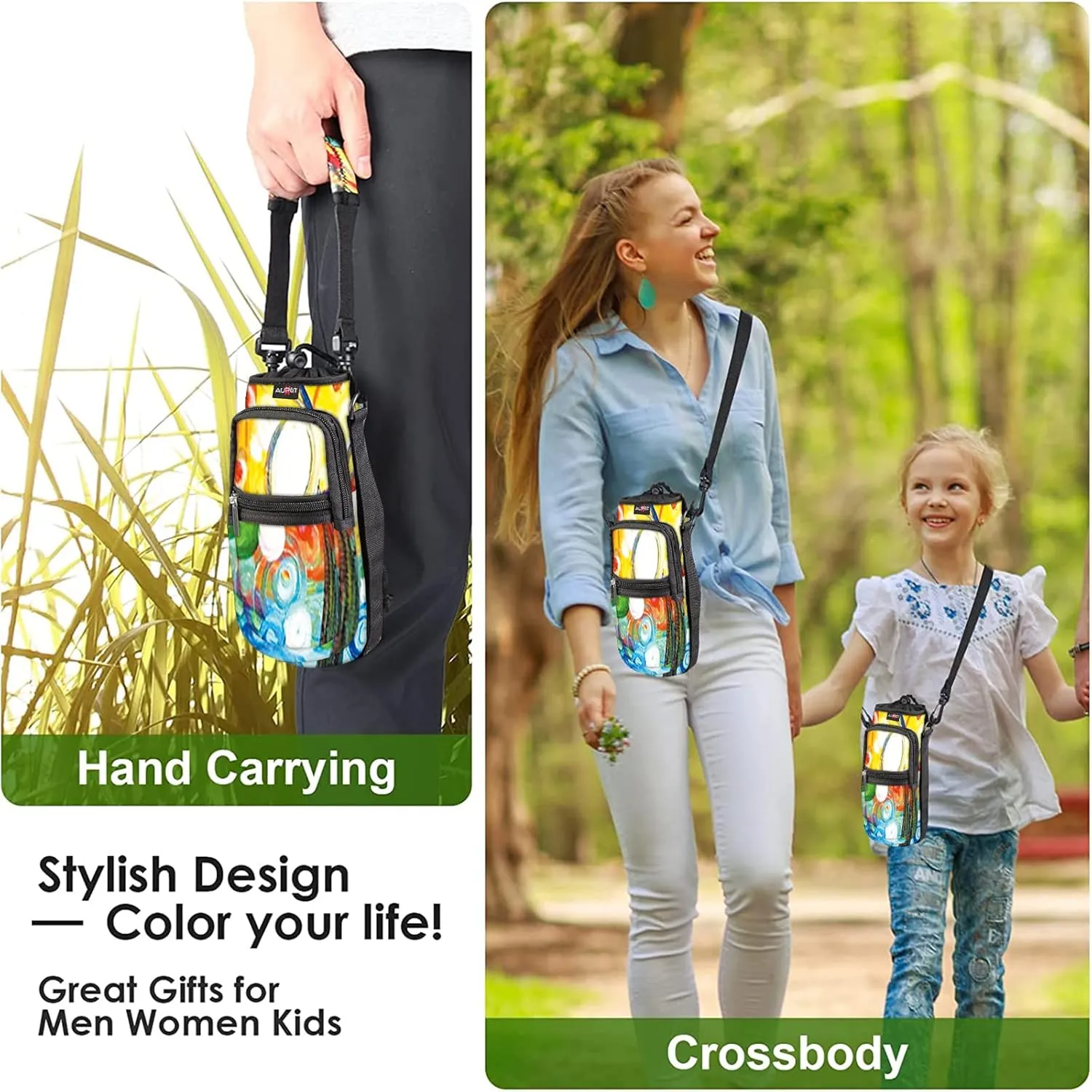 AUPET Water Bottle Sling Bag Sleeve Holder Carrier 25/32/40/64 oz,Insulated Crossbody Water Bottle Case Cover with Strap and Pockets for Men/Women Walking Hiking