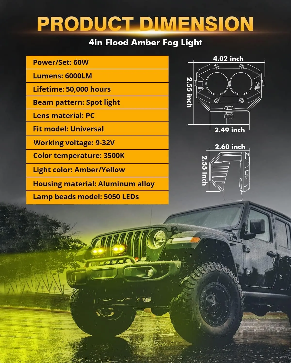 Auxbeam 4In 60W Amber Fog Lights, Amber Led Pods Super Bright Spot Beam Offroad Lights with Plug and Play Wiring Harness Kit for Truck SUV ATV UTV Jeep Wrangler Motorcycle