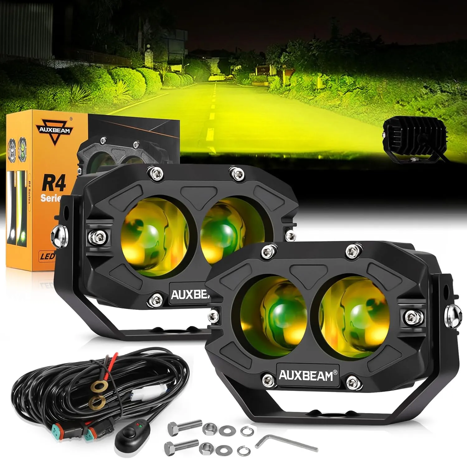 Auxbeam 4In 60W Amber Fog Lights, Amber Led Pods Super Bright Spot Beam Offroad Lights with Plug and Play Wiring Harness Kit for Truck SUV ATV UTV Jeep Wrangler Motorcycle