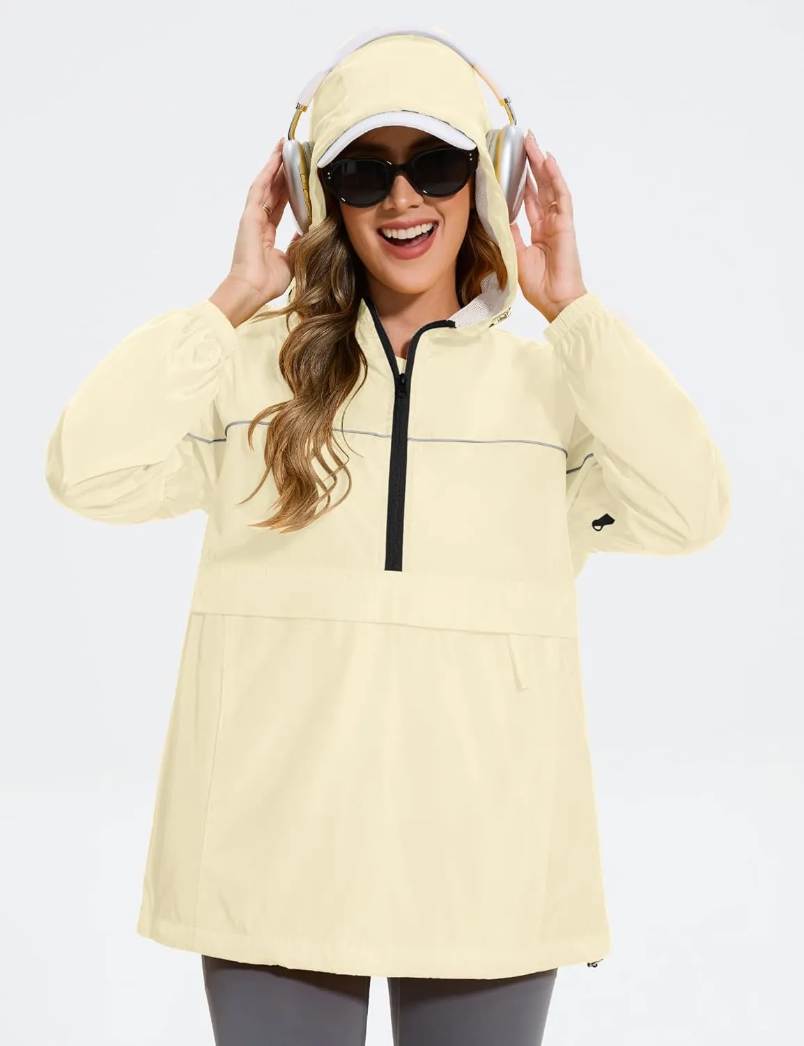 Avoogue Raincoat Women Reflective Waterproof Rain Jackets Half Zipper Packable Outdoor Hooded Windbreaker Lined Jacket