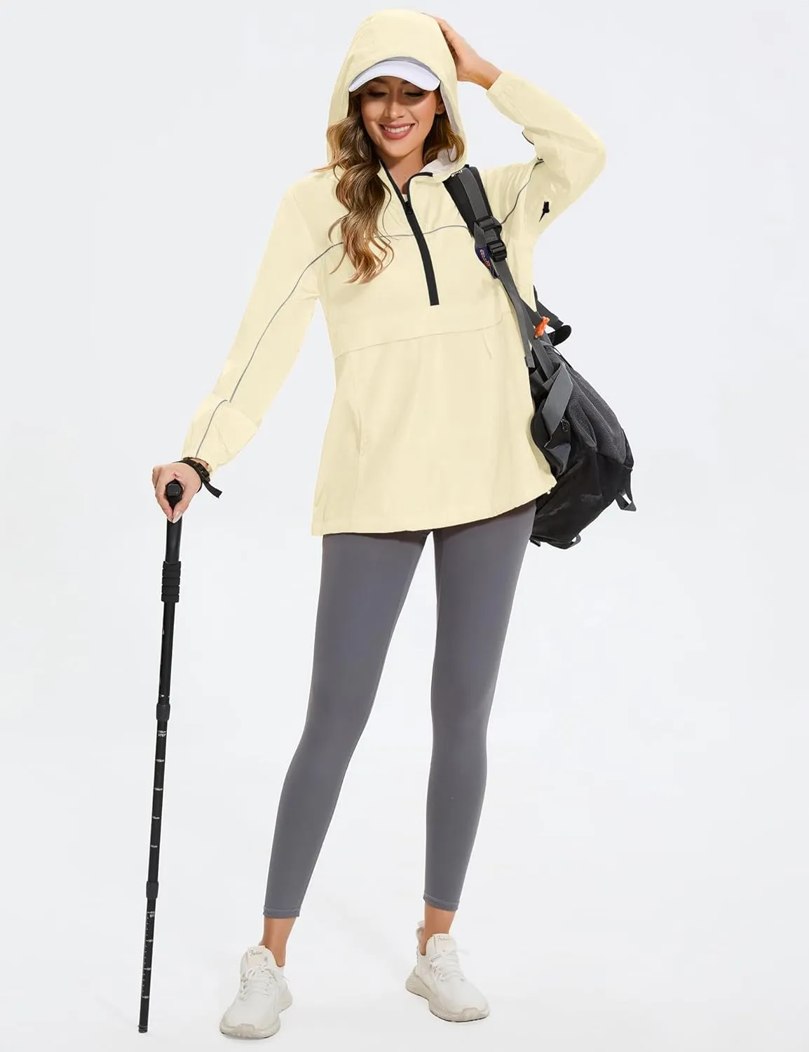 Avoogue Raincoat Women Reflective Waterproof Rain Jackets Half Zipper Packable Outdoor Hooded Windbreaker Lined Jacket