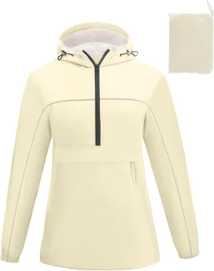 Avoogue Raincoat Women Reflective Waterproof Rain Jackets Half Zipper Packable Outdoor Hooded Windbreaker Lined Jacket