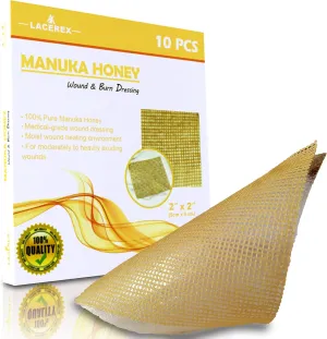 AWD Manuka Honey Gauze Dressing - 100% Impregnated Medical Grade Honey Patches - Medical Supplies, Wound Care, and First Aid - Gauze Pads 10 Count (2"x2")