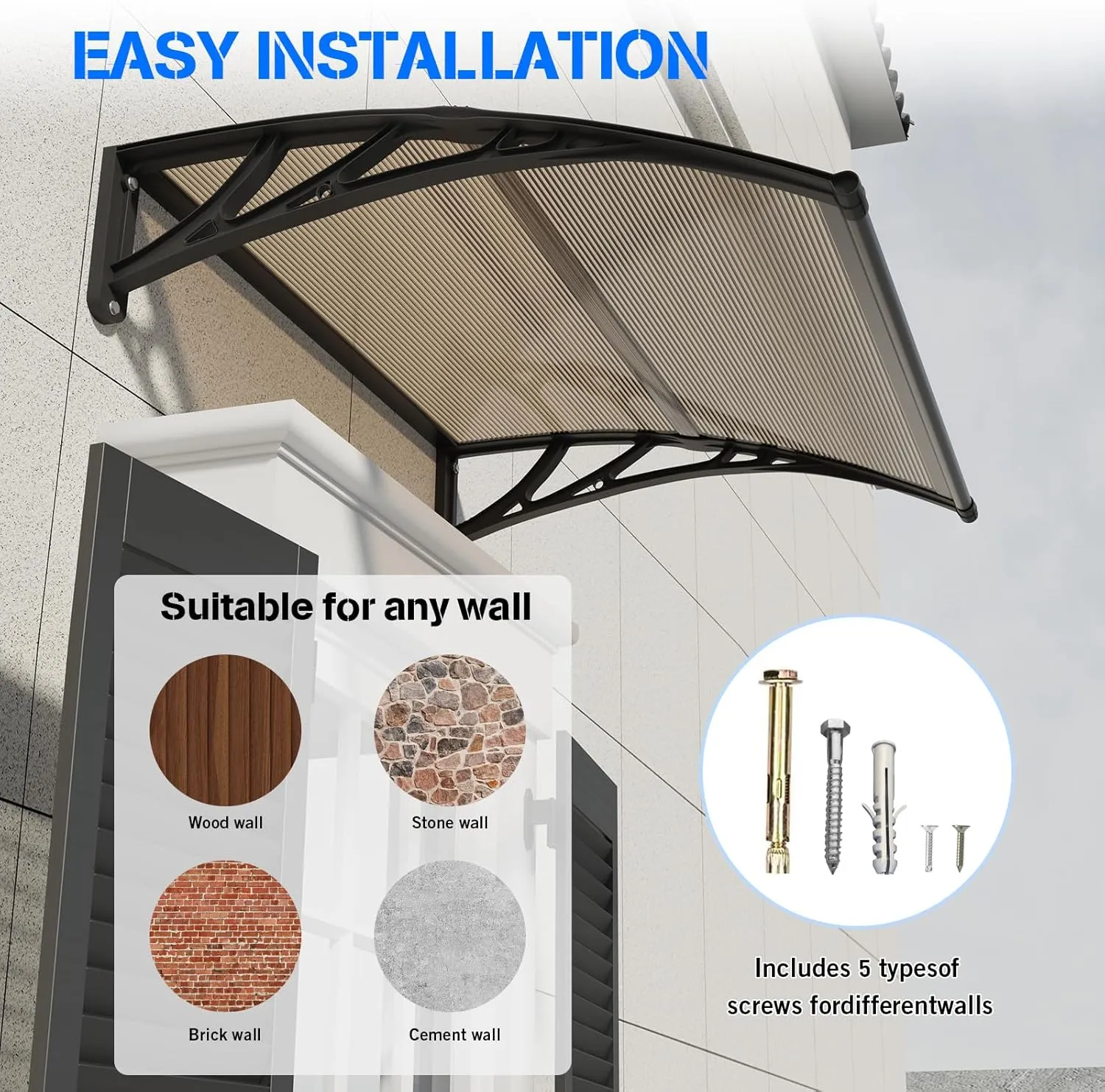 Awning for Door Entrance,32X120 Inches Awnings for Doors,Window Awning Canopy Exterior with Plastic Steel Bracket,Polycarbonate Cover,UV,Rain,Snow Protection for Porch,Patio,Deck