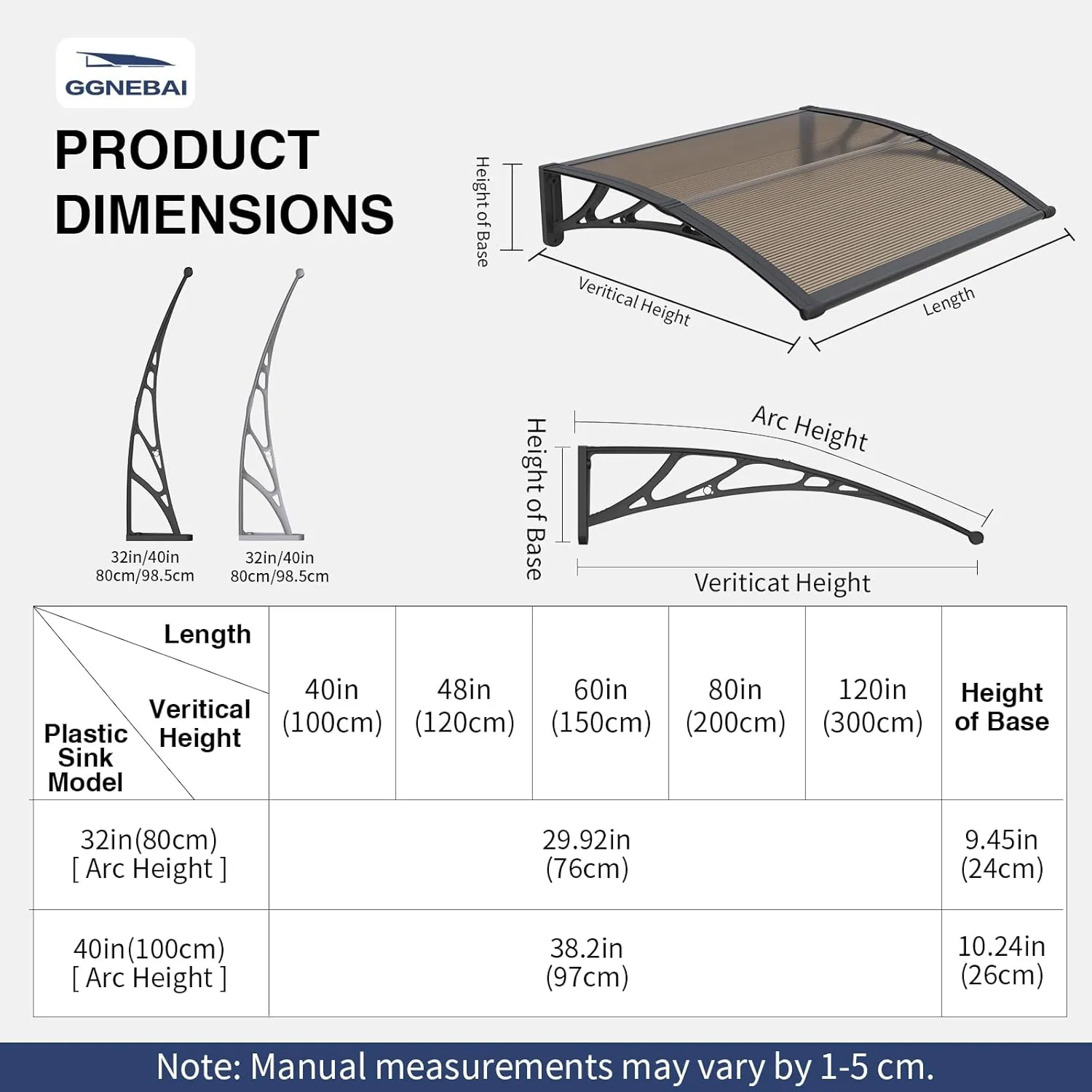 Awning for Door Entrance,32X120 Inches Awnings for Doors,Window Awning Canopy Exterior with Plastic Steel Bracket,Polycarbonate Cover,UV,Rain,Snow Protection for Porch,Patio,Deck