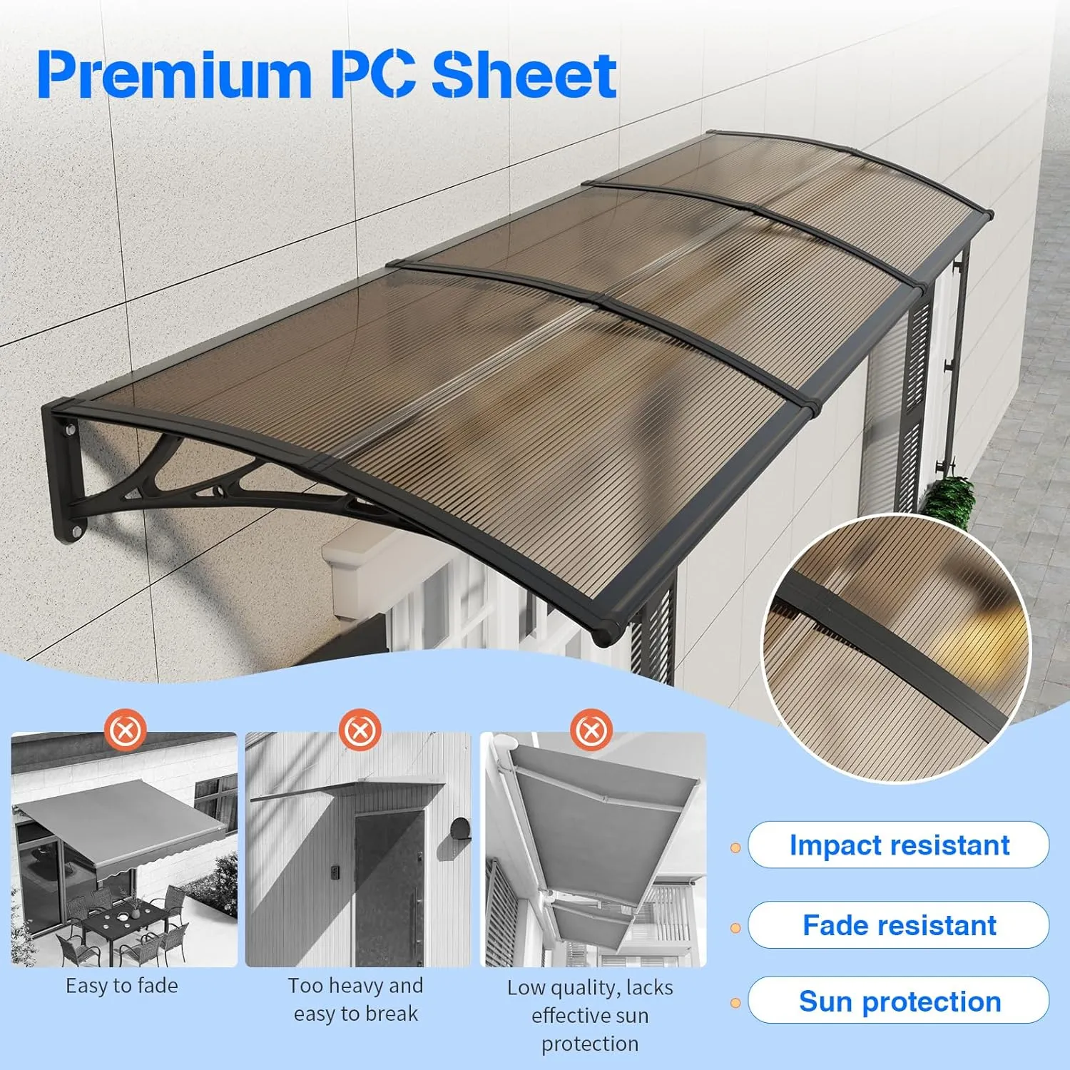 Awning for Door Entrance,32X120 Inches Awnings for Doors,Window Awning Canopy Exterior with Plastic Steel Bracket,Polycarbonate Cover,UV,Rain,Snow Protection for Porch,Patio,Deck