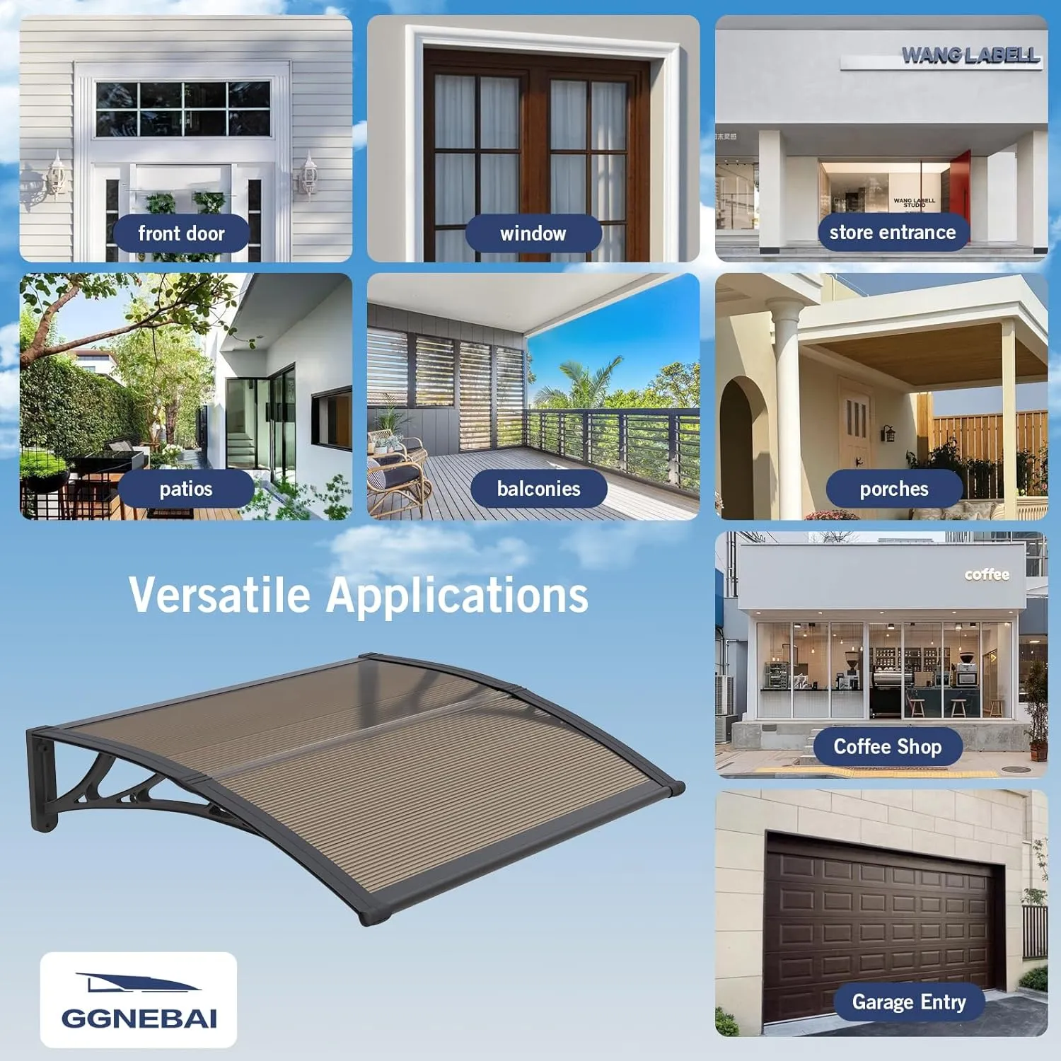 Awning for Door Entrance,32X120 Inches Awnings for Doors,Window Awning Canopy Exterior with Plastic Steel Bracket,Polycarbonate Cover,UV,Rain,Snow Protection for Porch,Patio,Deck