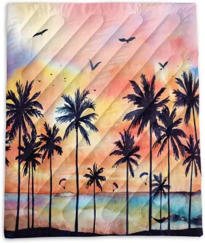 Axolotl Beach Ocean Outdoor Blanket,Palm Trees Parachute Puffy Printed Camping Blanket,Sunset Bird Lightweight Packable Outdoor Blanket,Colorful Oil Painting Blanket for Traveling Beach Cold Weather