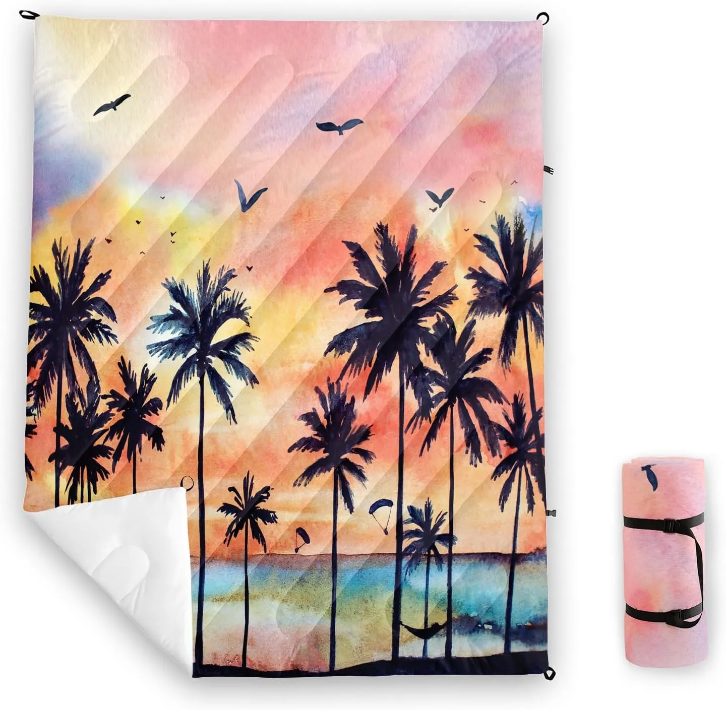 Axolotl Beach Ocean Outdoor Blanket,Palm Trees Parachute Puffy Printed Camping Blanket,Sunset Bird Lightweight Packable Outdoor Blanket,Colorful Oil Painting Blanket for Traveling Beach Cold Weather